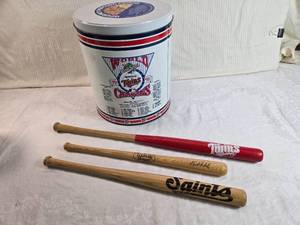 lot 92 image: Lot of Minnesota Twins Empty Tin with Mini Baseball Bats