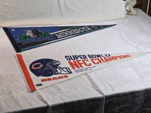 lot 117 image: Sports Pennants Minnesota Timberwolves and Super Bowl XX NFC Champions Bears