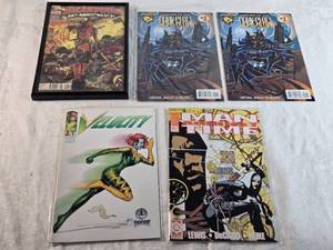 lot 186 image: Lot of Comic Books Featuring Deadpool (framed but damaged), Dark Claw, Man Against Time and Velocity