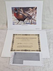 lot 304 image: 2002 Minnesota Pheasant Stamp Crowing in the Clearing Limited Edition Print by Nick Reitzel, Signed and numbered 1461 out of 2500.