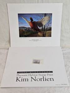lot 307 image: 1999 Minnesota Pheasant Habitat Stamp Print Freedoms Flight by Kim Norlien, Signed and Numbered 1461 out of 2500
