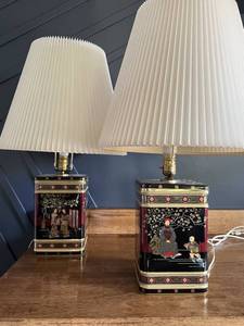 Vintage Asian-Inspired Tin Canister Lamp w/ Pleated Shade