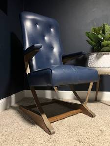 Mid-Century Modern Blue Vinyl Sled Base Lounge Chair