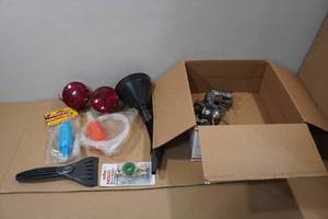 lot 57 image: Assorted Auto - Lights, Funnel, Siphon Pump, Hitch Balls