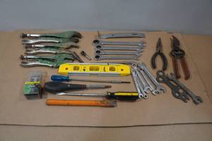 lot 60 image: Assorted Tools - Clamps, Wrenches, Pliers, Level