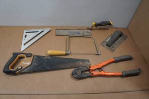 lot 123 image: Assorted Tools - Saws, Bolt Cutters, Triangle Square