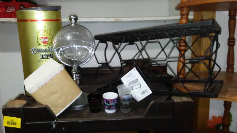 lot 36 image: NEW Collapsible Wine Rack. Budweiser Napkins and 1.5L Globe Drink Dispenser and Shot Glass Collection (21). 