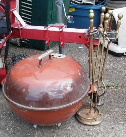 lot 44 image: Brass Fireplace Tools and Fire Pit Bowl.