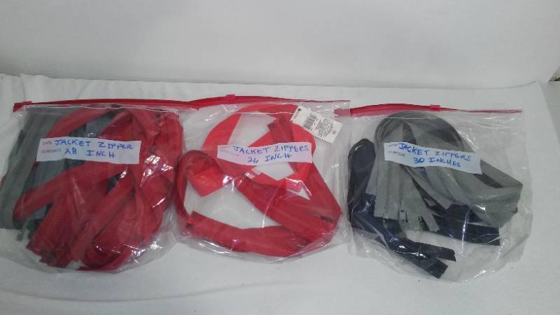 lot 201 image: Assorted Jacket Zippers, and More. 5-14 in., 26-30 in. and 8-13 in. 