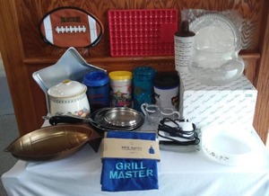 lot 83 image: Assorted Kitchen Items, Stainless Pans, thermo Mugs, Princess House and More.
