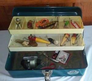lot 120 image: Vintage tackle and tackle box.
