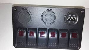 lot 140 image: 6 Gang Marine Boat Circuit Red LED Rocker Switch Panel Charger Voltmeter. Retail $39.73