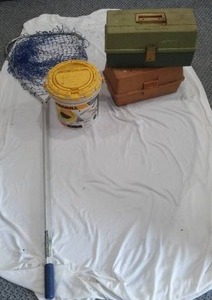 lot 156 image: Plano Tackle Boxes (2), Frabill Dual Bait Bucket and Net.