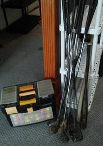 lot 168 image: Variety of Golf Balls, Clubs (10) and bats (2).