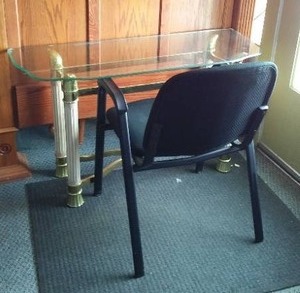 lot 199 image: Small Glass Top Desk with Chair. 46 in. W x 17 in. D x 26 in.