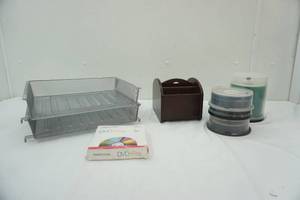 lot 12 image: Metal File Baskets, Blank CDs & DVDs , wooden organizer