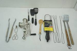 lot 90 image: Electric Charcoal Starter, Grilling Utensils, Skewers, Vintage Meat Grinder