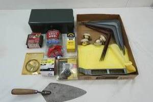 lot 119 image: Hardware Lot vintage metal box, shelf brackets, steel wool, sandpaper and more