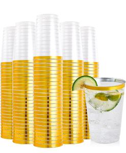 lot 122 image: Brand New FOCUSLINE 200 Pack 12 oz Gold Rimmed Plastic Cups, Clear Plastic Cups Tumblers, Heavy-duty & Fancy Disposable $44.99 Retail