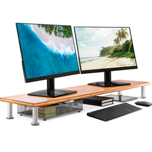 lot 145 image: Brand New The Office Oasis Bamboo Dual Monitor Stand 42 Monitor Riser Darker Brown $84.99 Retail