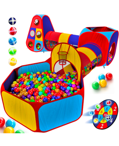 lot 182 image: New Playz 5pc Kids Play Tents and Tunnels Ball Pit For Toddlers Blue, Yellow and Red