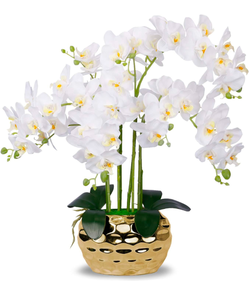 lot 108 image: Brand New Artificial Orchid in Gold Vase White Silk Faux Orchid Plant in Gold Pot Fake Flower Arrangement $67.99 Retail