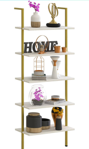 lot 219 image: Brand New Wolawu 5 Tiers Ladder Shelf White Marble Modern Bookshelf Open Tall Wall Mount Bookcase $56.99 Retail