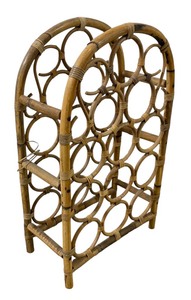 lot 53A image: 1980s Vintage Curved Bamboo Rattan Wine Rack Display  Bamboo Rattan 12 Bottle Rack Stand Holder