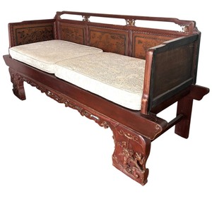 lot 2A image: Vintage Opium Bed with Intricate Carvings and Cushions