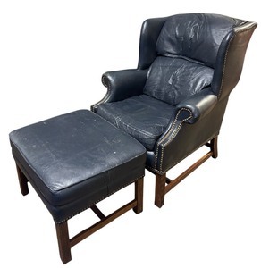 lot 137 image: Navy Blue Leather Chair with Ottoman by Classic Leather