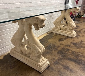 lot 27B image: Vintage Hollywood Regency Chinoiserie Asian Dragons Statue Glass Console Table