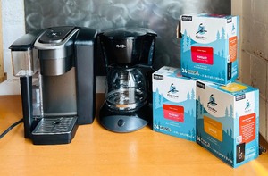 lot 105 image: Coffee Station Supplies including Mr. Coffee Maker and Keurig K-1500 Hot Brewer with Keurig Cups