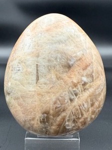 lot 6 image: A graceful Peach Moonstone freeform, glowing with soft, warm hues of apricot and cream and flashes in the sunlight. 2 lbs .7 oz.  0.929 kg.