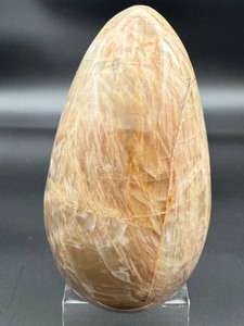 lot 6 image: A graceful Peach Moonstone freeform, glowing with soft, warm hues of apricot and cream and flashes in the sunlight. 2 lbs .7 oz.  0.929 kg.