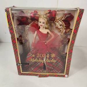 lot 46 image: New Damaged Box 2024 Holiday Barbie Blond Red Dress