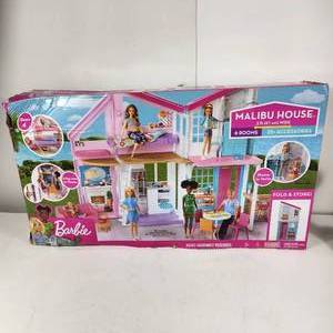 lot 51 image: New Damaged Box Barbie Malibu House 6 Rooms 25 Accessories Fold And Store Fully Furnished