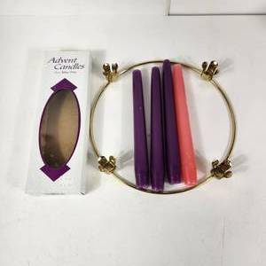 lot 69 image: Gold Metal Advent Wreath With Advent Candles They Have Been Lit A Few Times Great Condition