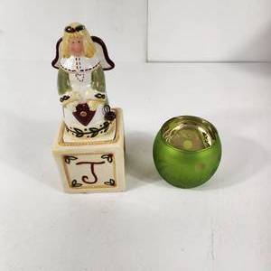 lot 70 image: Lot Of Two Christmas Items Ceramic Angel Joy To The World And Green Candle Holder Jesus Great Condition