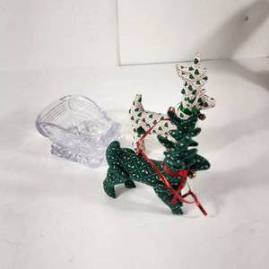 lot 75 image: Two Hand Made Reindeer GreenWhite With Plastic Sleigh Legs Move Great Condition