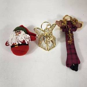 lot 76 image: Lot Of Three Christmas Decorations Plush Santa Angel And Angel Ornament Great Condition
