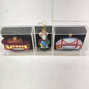 lot 89 image: Lot Of Three Glass Ornaments Golden Gate Bridge Street Car And Moose Distributed By Target Excellent Condition