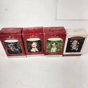 lot 92 image: Lot Of Four Hallmark Ornaments Puppy Love Black Lab Poodle Sheltie And Shepherd Great Condition