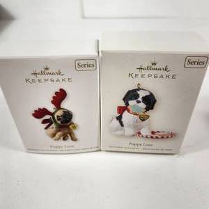 lot 93 image: Lot Of Two Hallmark Ornaments Puppy Love 1 With Antlers And One With Christmas Cookies Great Condition