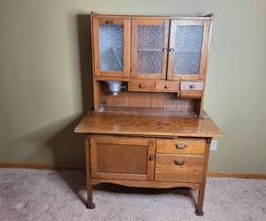 Antique Wooden Hoosier Cabinet with Glass Panel Doors
