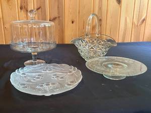 lot 11 image: Vintage Crystal Glassware Set with Pedestal Covered Cake Plate (new), Basket, and Plates