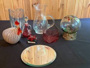 lot 13 image: VTG Fenton Cranberry Glass 7 Ruffle-Top CRUET w Stopper & Assorted Decorative Glass Items
