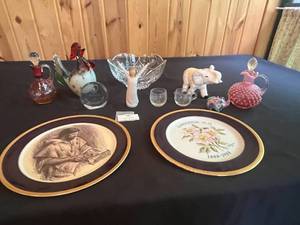 lot 14 image: Fenton Cranberry Opalescent Hobnail Cruet & VTG Collection of Decorative Plates and Figurines Including Frances Hook Numbered Plate and Willow Tree Courage