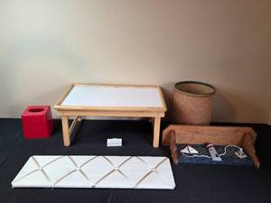 lot 22 image: Assorted Home Decor Collection with Table, Wastebasket, and Shelf