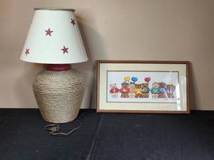 lot 24 image: Rope Table Lamp and Framed Cross-Stitch Artwork Set