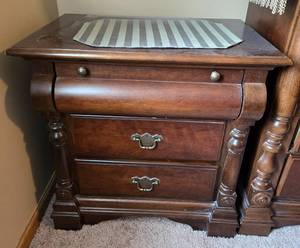 lot 47 image: Antique Wooden Two-Drawer Nightstand with Brass Tone Accents